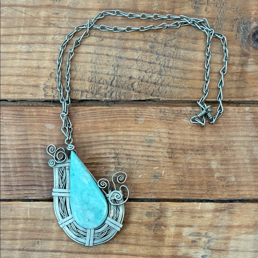 Abstract pale blue green silvery chain boho necklace GUC Costa Rica handmade
